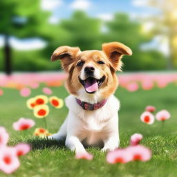 A cute and playful dog with a wagging tail, sitting in a sunny park with green grass and colorful flowers