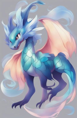 Create an image of a beautiful yet ambiguous imaginary Pokémon with an elegant body, iridescent scales, and features suggesting it could be part dragon, fairy, and water type