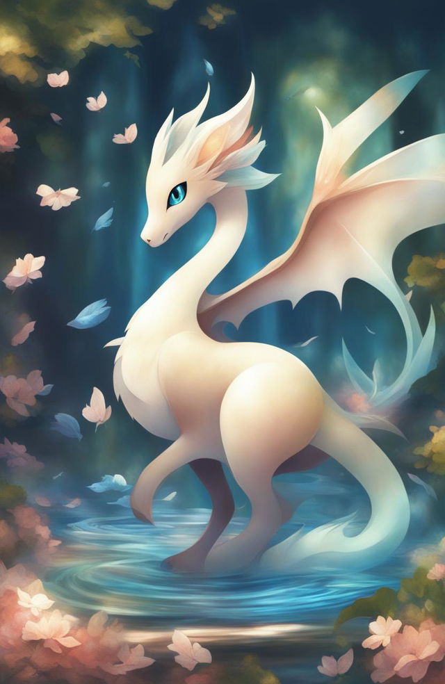 Create an image of a beautiful yet ambiguous imaginary Pokémon with an elegant body, iridescent scales, and features suggesting it could be part dragon, fairy, and water type