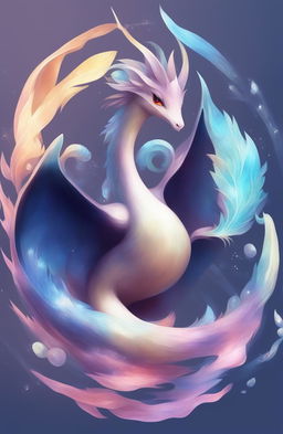 Create an image of a beautiful yet ambiguous imaginary Pokémon with an elegant body, iridescent scales, and features suggesting it could be part dragon, fairy, and water type