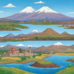 A cartoon game background featuring beautiful landscapes of Armenia. Include iconic landmarks like Mount Ararat, Khor Virap, and the picturesque Sevan Lake.