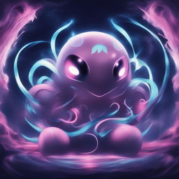 Design an image of a unique and enigmatic imaginary Pokémon with a sleek body, bioluminescent patterns, and features suggesting it could be part ghost, electric, and psychic type