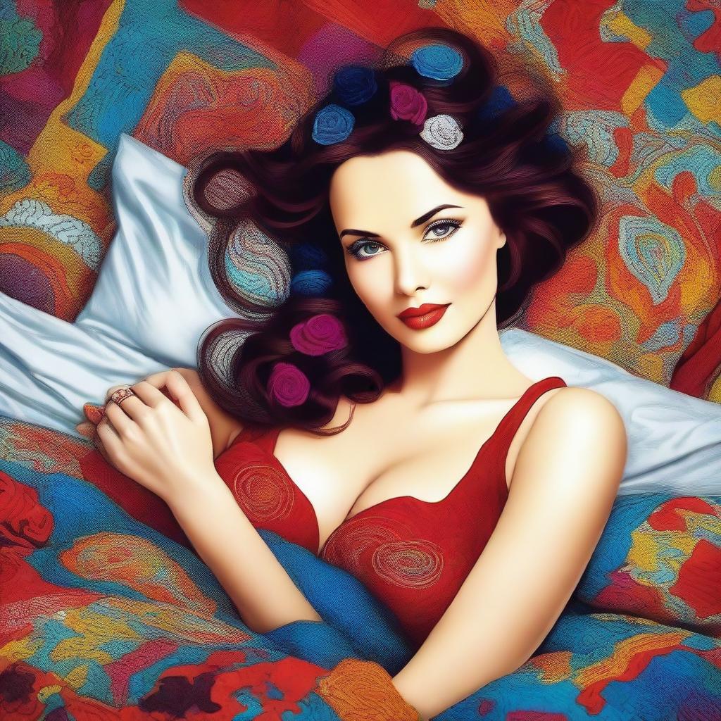 Create an image of a visually striking and attractive woman lying in bed