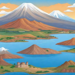 A cartoon game background featuring beautiful landscapes of Armenia. Include iconic landmarks like Mount Ararat, Khor Virap, and the picturesque Sevan Lake.