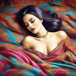 Create an image of a visually striking and attractive woman lying in bed