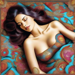 Create an image of a visually striking and attractive woman lying in bed