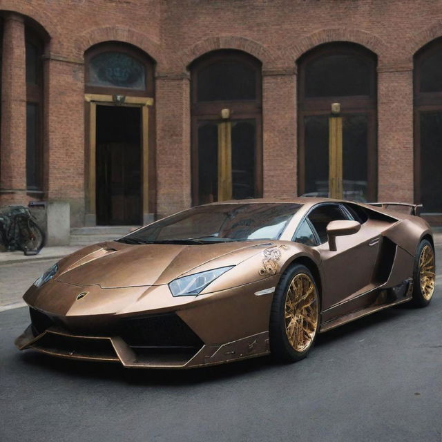 A Lamborghini with steampunk aesthetics, including brass details, mechanical gears, and old world charm.