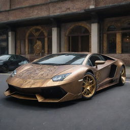 A Lamborghini with steampunk aesthetics, including brass details, mechanical gears, and old world charm.