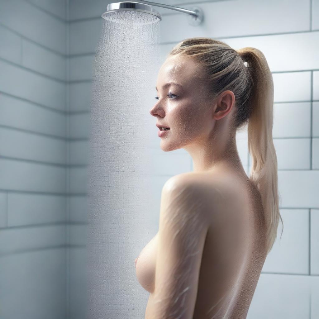 Create a high-quality, hyper-realistic digital art piece depicting a tasteful shower scene with a fit blonde woman