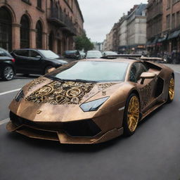 A Lamborghini with steampunk aesthetics, including brass details, mechanical gears, and old world charm.