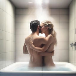 Create a high-quality, hyper-realistic digital art piece depicting a tasteful shower scene with a fit blonde woman and a man