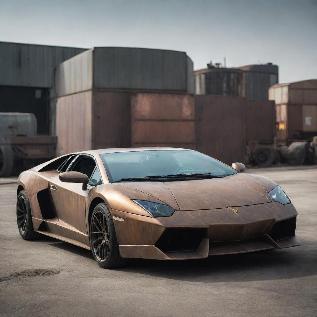 A Lamborghini transformed into a dieselpunk style, with industrial elements, diesel machinery attributes, and a weathered, gritty look.