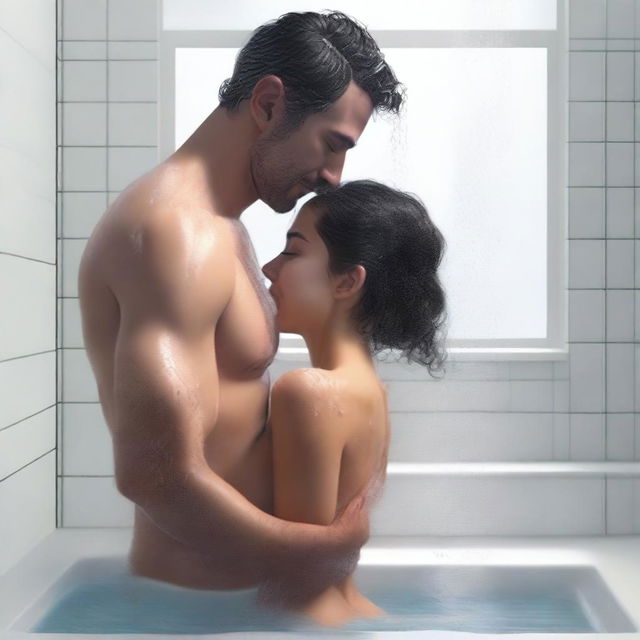 Create a high-quality, hyper-realistic digital art piece depicting a tasteful shower scene with Leah Gotti and a man being sensual