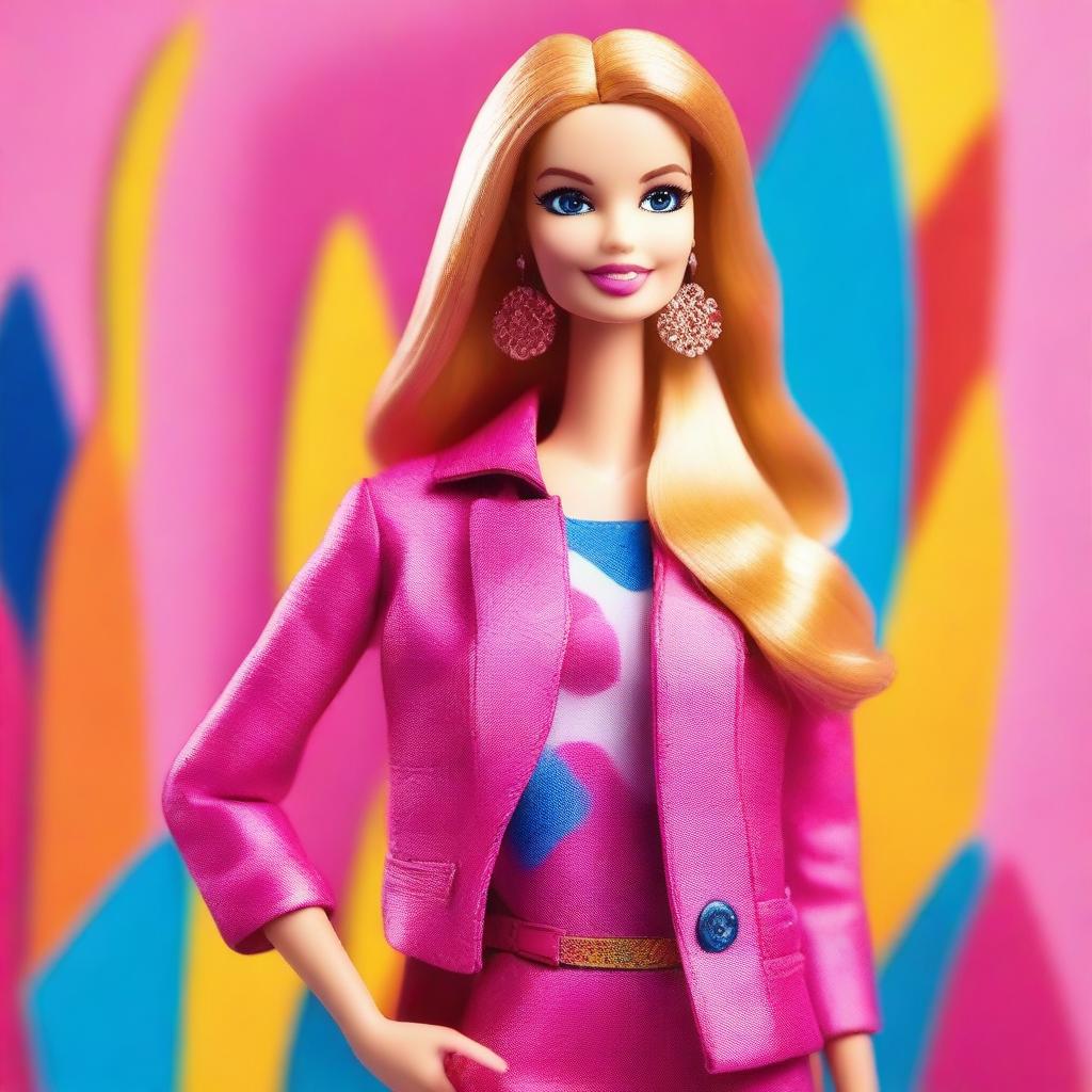 A vibrant and colorful image of Barbie in a stylish outfit, posing confidently with a bright background