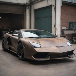 A Lamborghini transformed into a dieselpunk style, with industrial elements, diesel machinery attributes, and a weathered, gritty look.