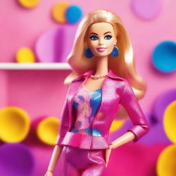 A vibrant and colorful image of Barbie in a stylish outfit, posing confidently with a bright background