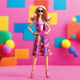 A vibrant and colorful image of Barbie in a stylish outfit, posing confidently with a bright background