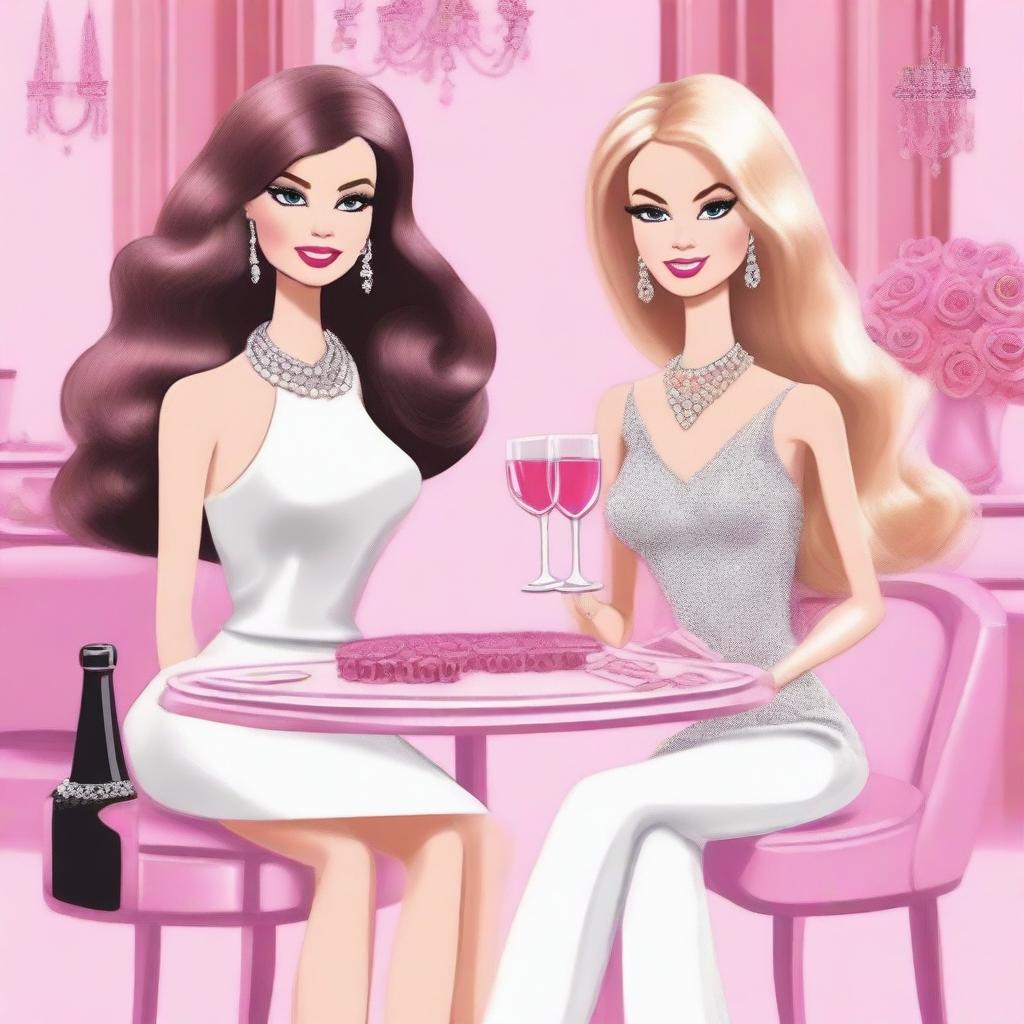 A drawing of two women sitting at a table with wine glasses in front of them, depicted in the style of Barbie art