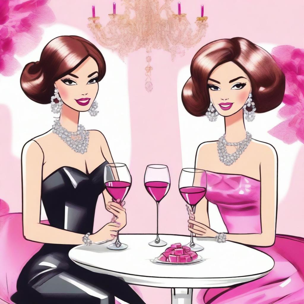 A drawing of two women sitting at a table with wine glasses in front of them, depicted in the style of Barbie art