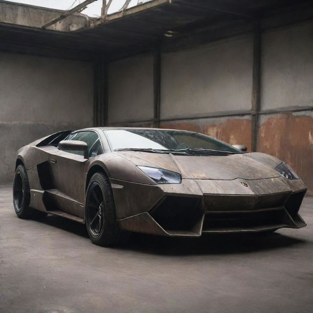 A Lamborghini transformed into a dieselpunk style, with industrial elements, diesel machinery attributes, and a weathered, gritty look.