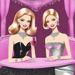 A drawing of two women sitting at a table with wine glasses in front of them, depicted in the style of Barbie art