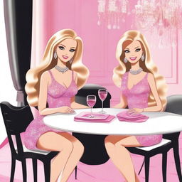 A drawing of two women sitting at a table with wine glasses in front of them, depicted in the style of Barbie art