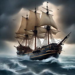 Create a book cover image featuring a dramatic scene of a pirate ship sailing towards a navy ship in the middle of a fierce battle