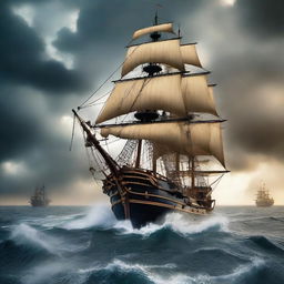 Create a book cover image featuring a dramatic scene of a pirate ship sailing towards a navy ship in the middle of a fierce battle