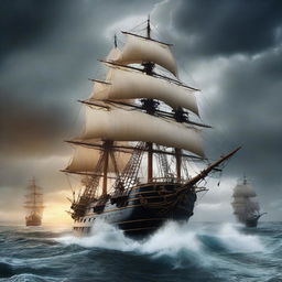 Create a book cover image featuring a dramatic scene of a pirate ship sailing towards a navy ship in the middle of a fierce battle