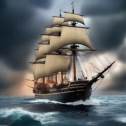 Create a book cover image featuring a dramatic scene of a pirate ship sailing towards a navy ship in the middle of a fierce battle