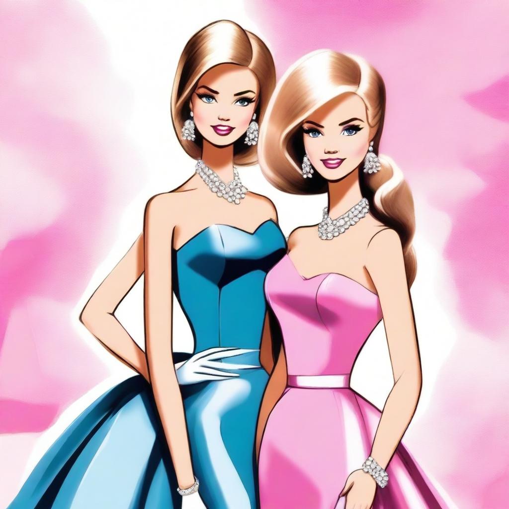 A drawing of two women depicted in the style of Barbie art