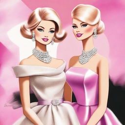 A drawing of two women depicted in the style of Barbie art