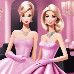 A drawing of two women depicted in the style of Barbie art