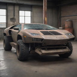 A Lamborghini transformed into a dieselpunk style, with industrial elements, diesel machinery attributes, and a weathered, gritty look.