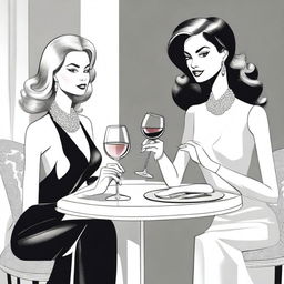 A drawing of two women sitting at a table with wine glasses in front of them, depicted in the style of Robert Best