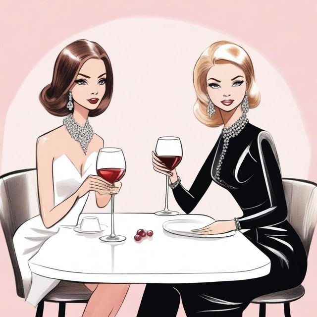 A drawing of two women sitting at a table with wine glasses in front of them, depicted in the style of Robert Best