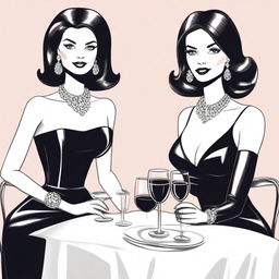 A drawing of two women sitting at a table with wine glasses in front of them, depicted in the style of Robert Best