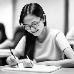 A closeup of a happy Chinese student writing an economics essay in black and white