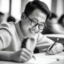 A closeup of a happy Chinese student writing an economics essay in black and white