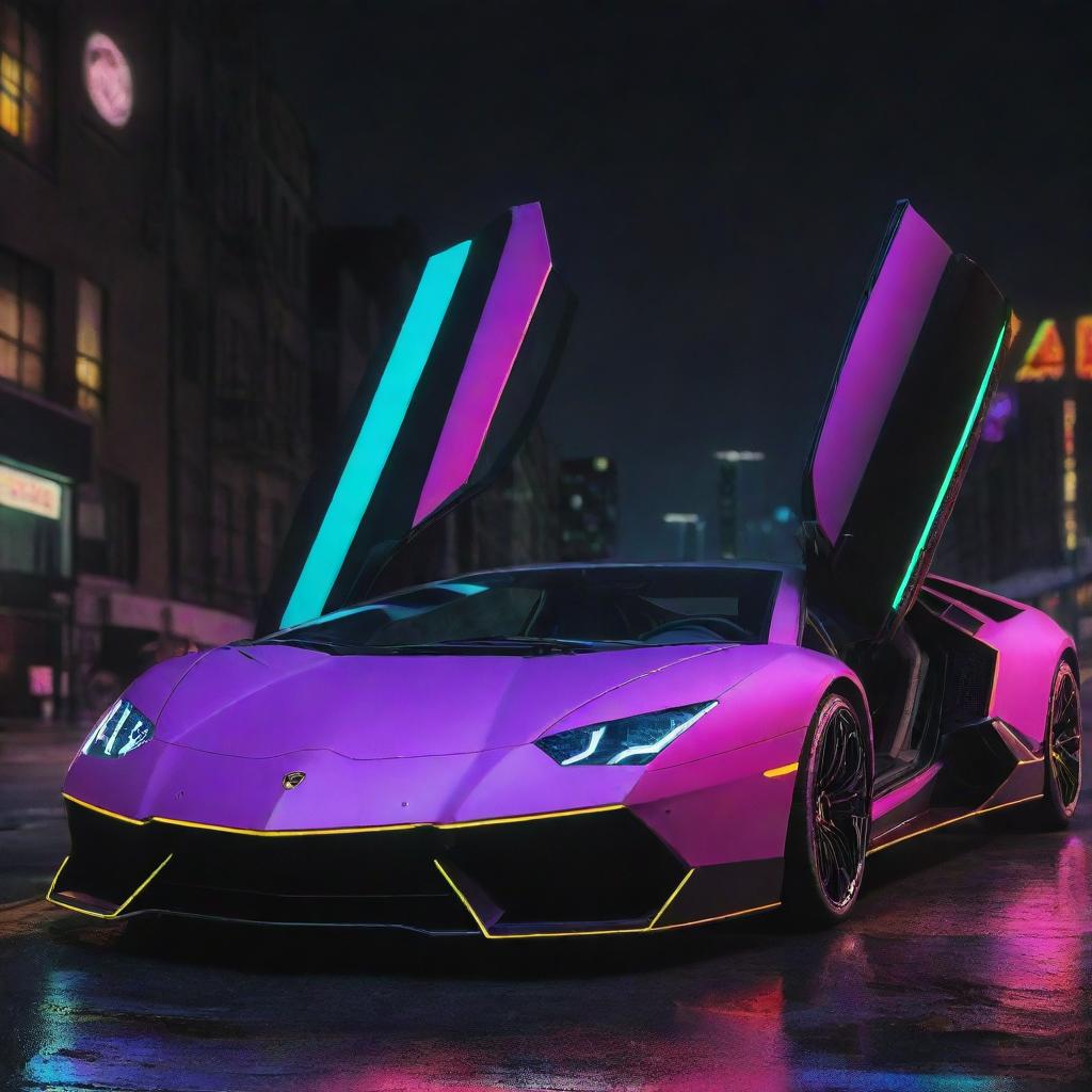 A Lamborghini designed in electropunk style, highlighting vibrant neon colors, futuristic electrified elements, and a high-tech aesthetic.