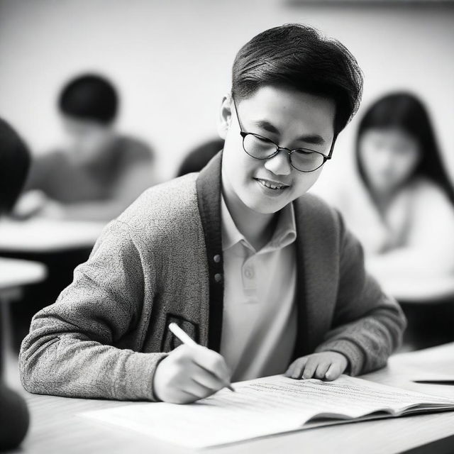 A closeup of a happy Chinese student writing an economics essay in black and white