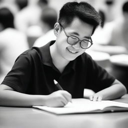 A closeup of a happy Chinese student writing an economics essay in black and white