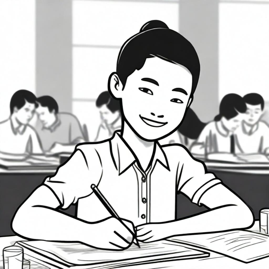 A closeup black and white drawing of a happy Chinese high school student writing an economics essay