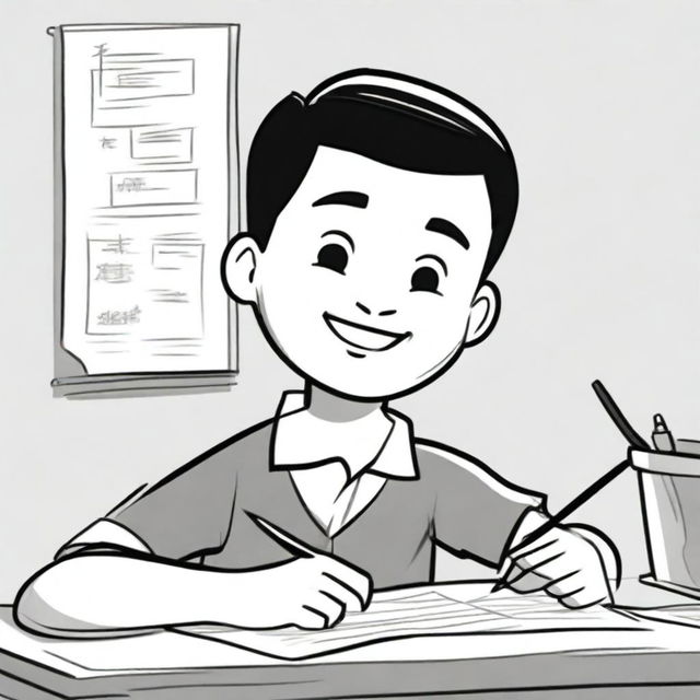 A closeup black and white drawing of a happy Chinese high school student writing an economics essay