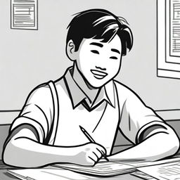 A closeup black and white drawing of a happy Chinese high school student writing an economics essay