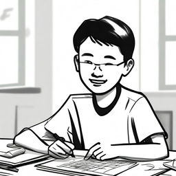 A closeup black and white drawing of a happy Chinese high school student writing an economics essay