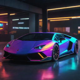 A Lamborghini designed in electropunk style, highlighting vibrant neon colors, futuristic electrified elements, and a high-tech aesthetic.