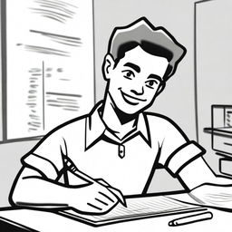 A closeup black and white drawing of a happy high school student writing an economics essay