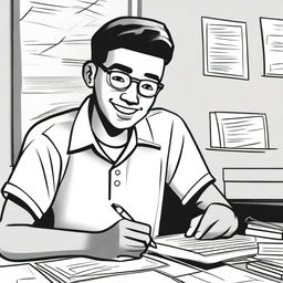 A closeup black and white drawing of a happy high school student writing an economics essay