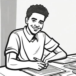 A closeup black and white drawing of a happy high school student writing an economics essay